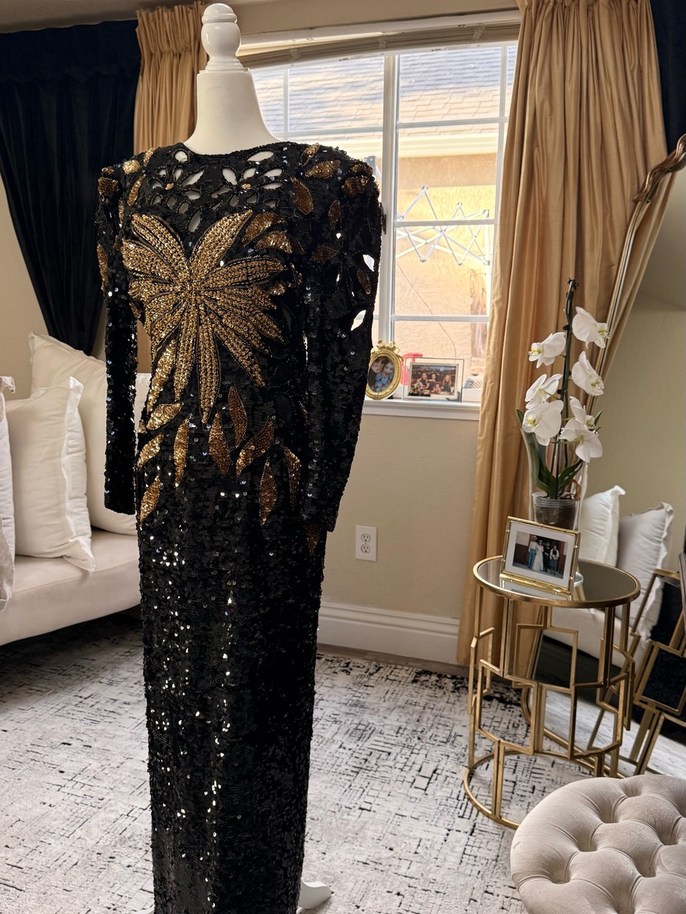 Sho Max Originals Black Sequin Long Sleeve Gown with Gold Palm Motif
